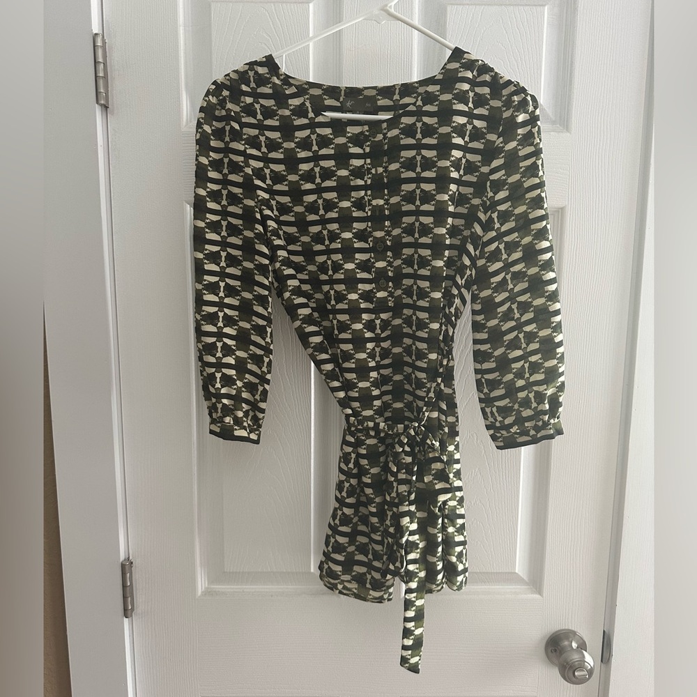 Green geometric tie waist Henley blouse from Anthropologie